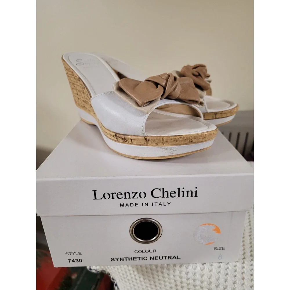 Lorenzo Chelini Sotto Sopra Women White Tan Bow Wedge Sandals Size 6 Italy